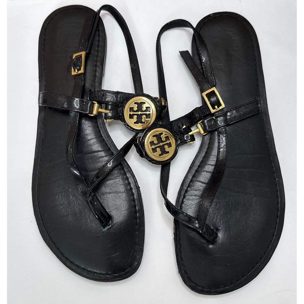 Tory Burch Ali Black Leather Flat Slingback Thong Sandals 7M Gold Tone Hardware